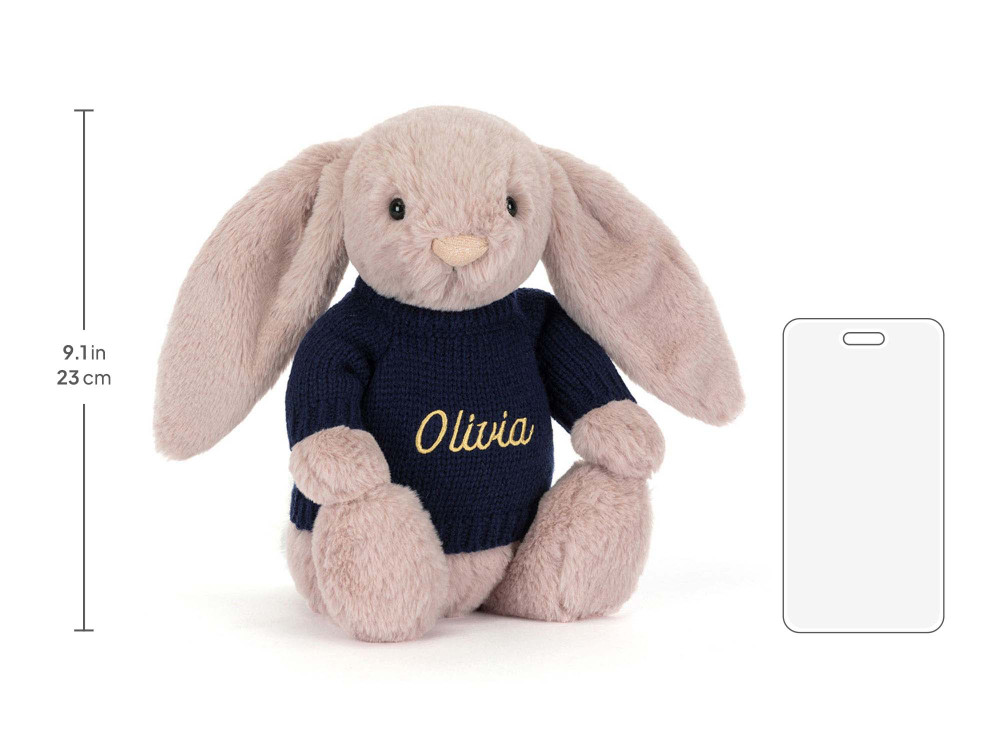 Bashful Luxe Bunny Rosa with Personalized Navy Jumper, size chart