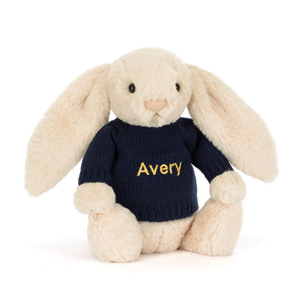 Bashful Luxe Bunny Willow with Personalised Navy Jumper - Official
