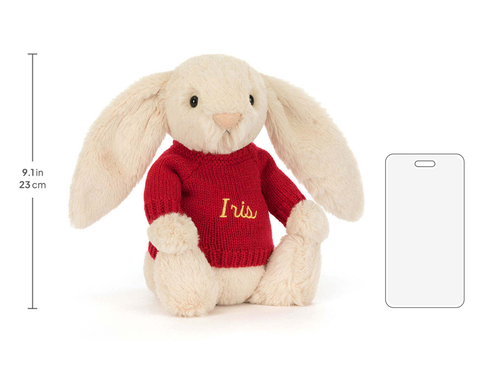 Bashful Luxe Bunny Willow with Personalized Red Jumper, size chart