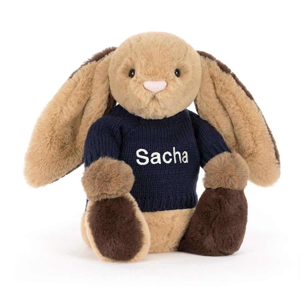 Bashful Patchwork Brown Bunny with Personalised Navy Jumper, Main View
