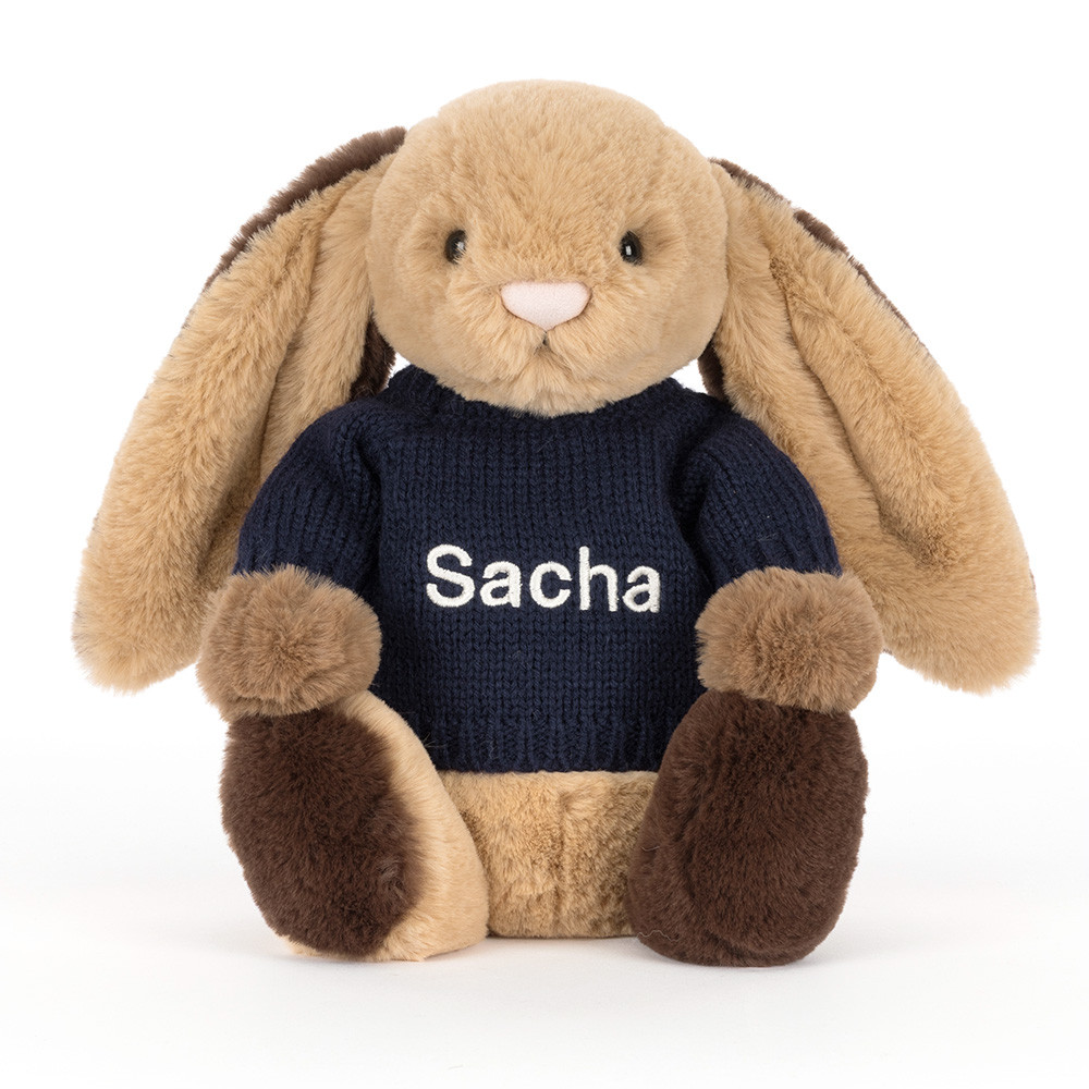 Bashful Patchwork Brown Bunny with Personalised Navy Jumper