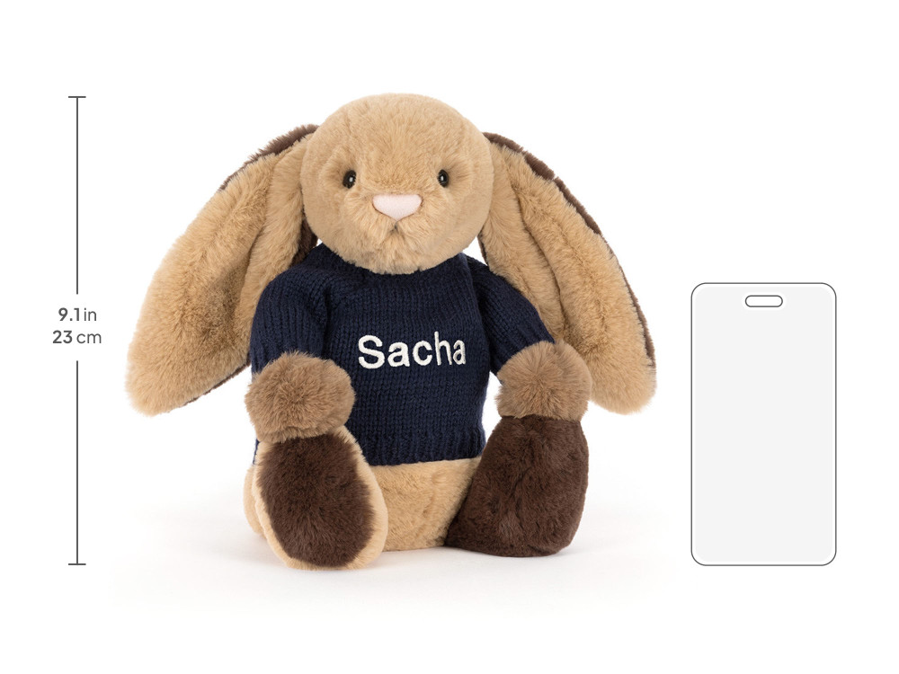 Bashful Patchwork Brown Bunny with Personalized Navy Jumper size chart