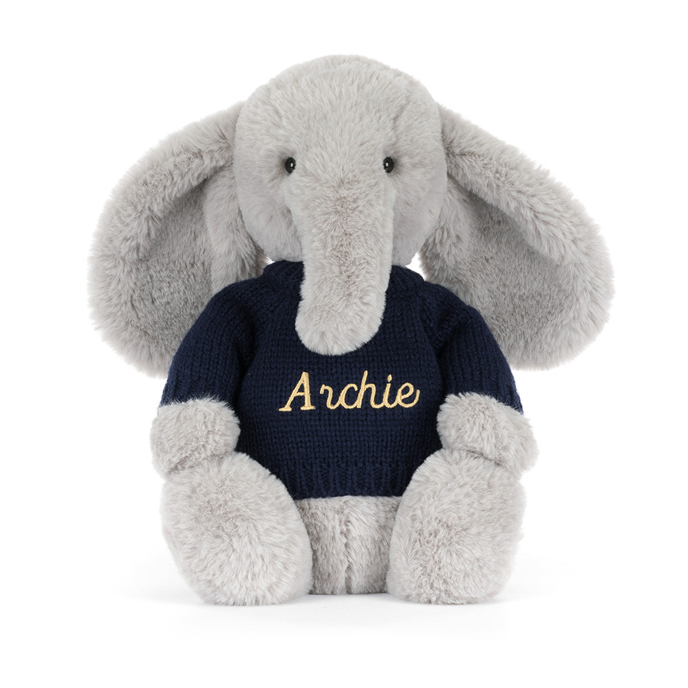 Bashful Luxe Elephant Thuddeus with Personalised Navy Jumper
