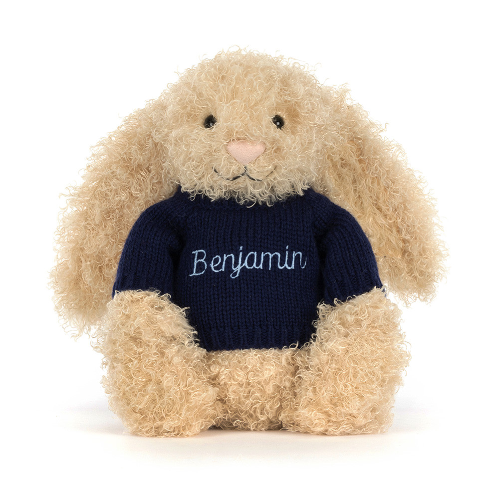Bashful Luxe Bunny Curly with Personalised Navy Jumper - Official