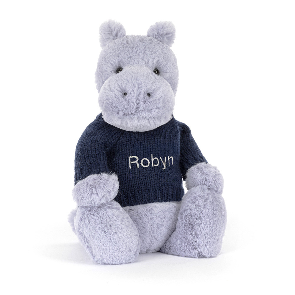 Bashful Hippo with Personalised Navy Jumper - Official Jellycat