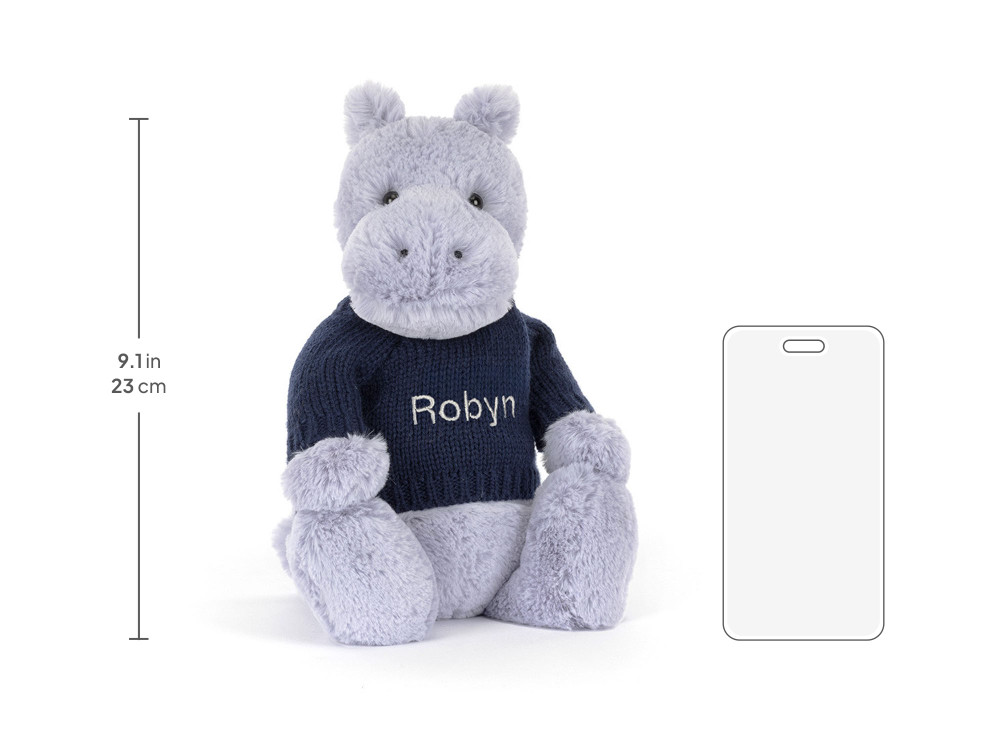 Bashful Hippo with Personalized Navy Jumper size chart