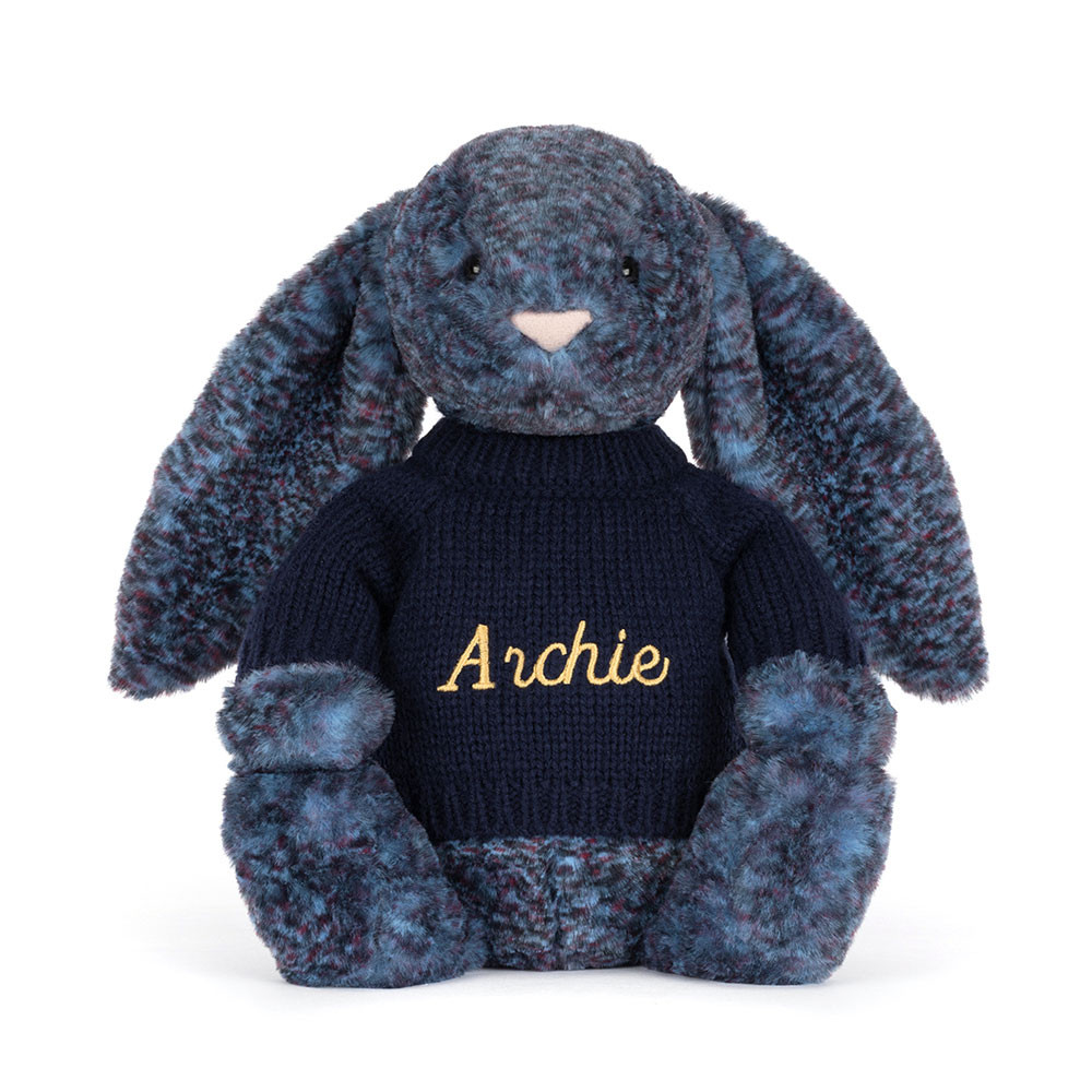 Hopscone Luxe Bunny with Personalised Navy Jumper - Official Jellycat
