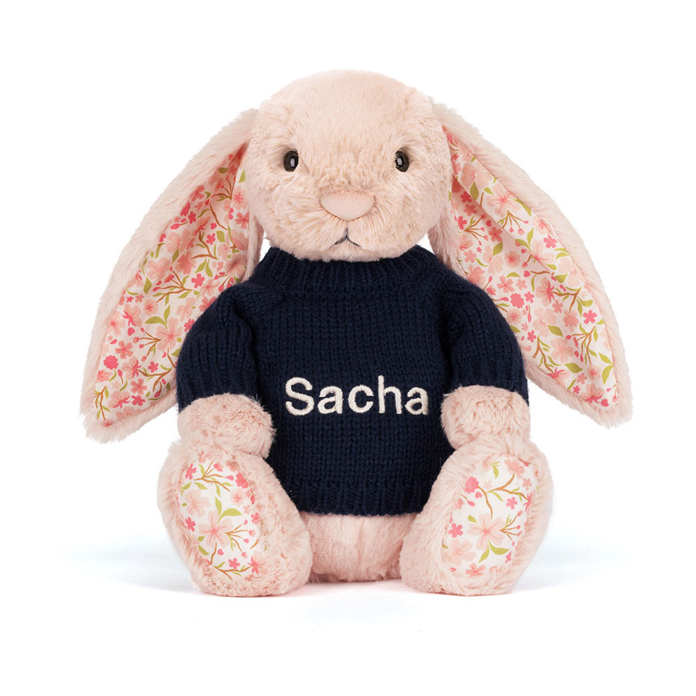 Blossom Blush Bunny 'Cherry' with Personalised Navy Jumper, View 4