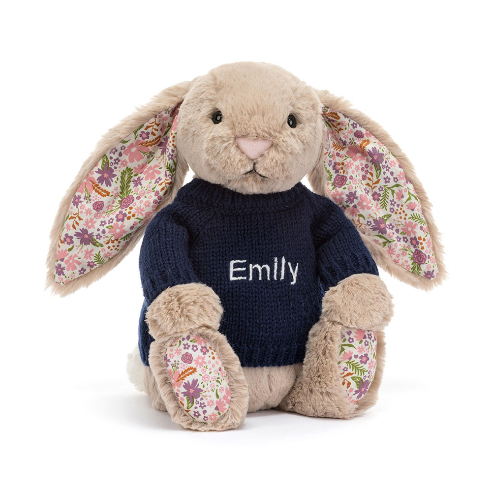 Blossom Beige Bunny 'Petal' with Personalised Navy Jumper, Main View