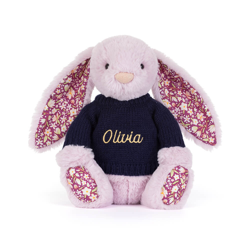 Thistlepop Blossom Luxe Bunny with Personalised Navy Jumper