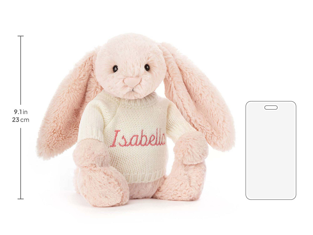 Bashful Blush Bunny with Personalized Cream Jumper, size chart