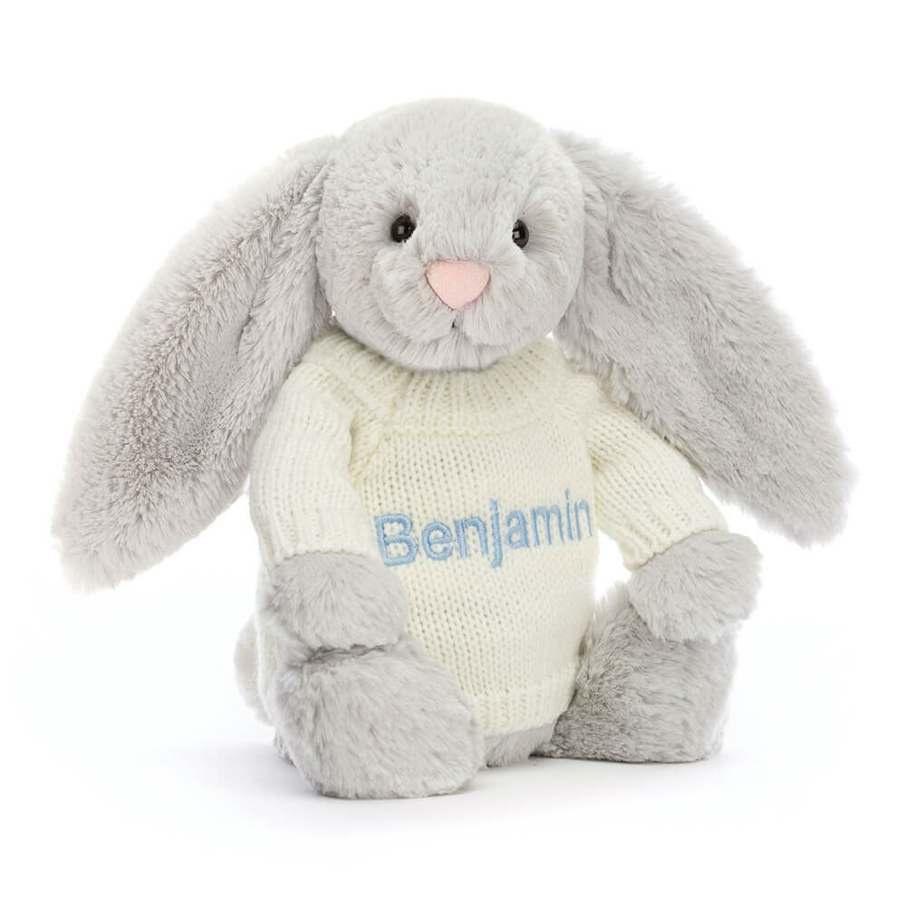 Bashful Silver Bunny with Personalised Cream Jumper - Official