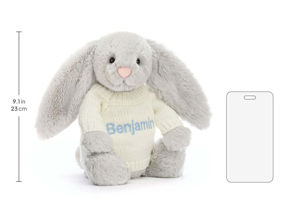 Bashful Silver Bunny with Personalized Cream Jumper, size chart
