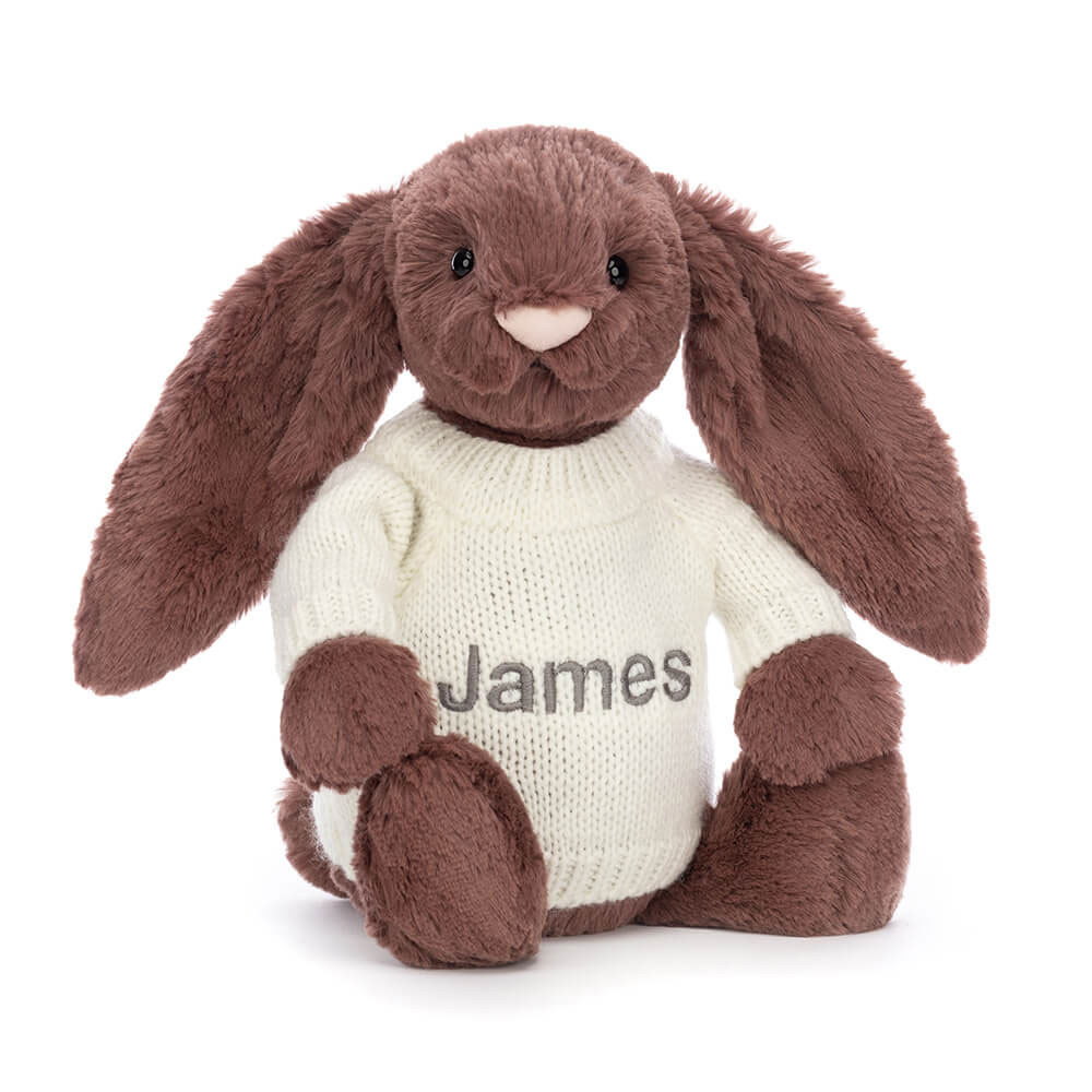 Bashful Fudge Bunny with Personalised Cream Jumper - Official Jellycat Bashful Fudge Bunny with Personalised Cream Jumper - Official Jellycat