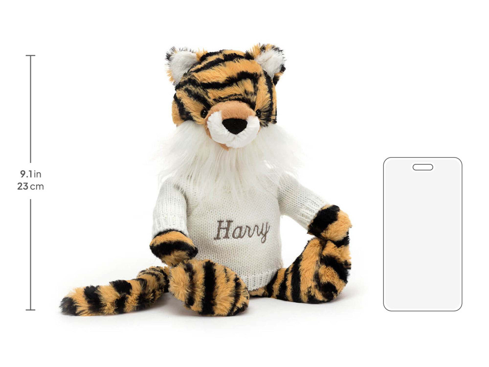 Bashful Tiger with Personalized Cream Jumper, size chart