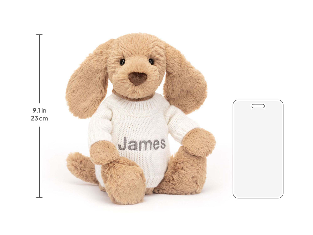 Bashful Toffee Puppy with Personalized Cream Jumper, size chart