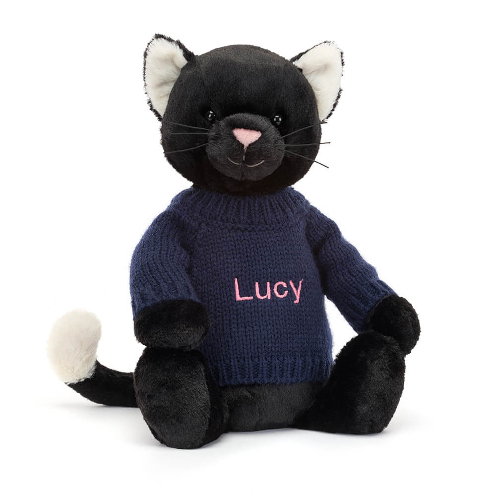 Bashful Black Kitten with Personalised Navy Jumper, View 4