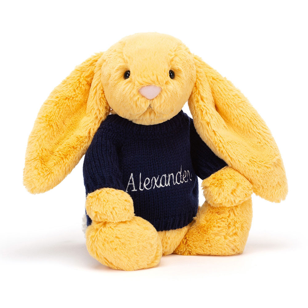 Bashful Sunshine Bunny with Personalised Navy Jumper - Official