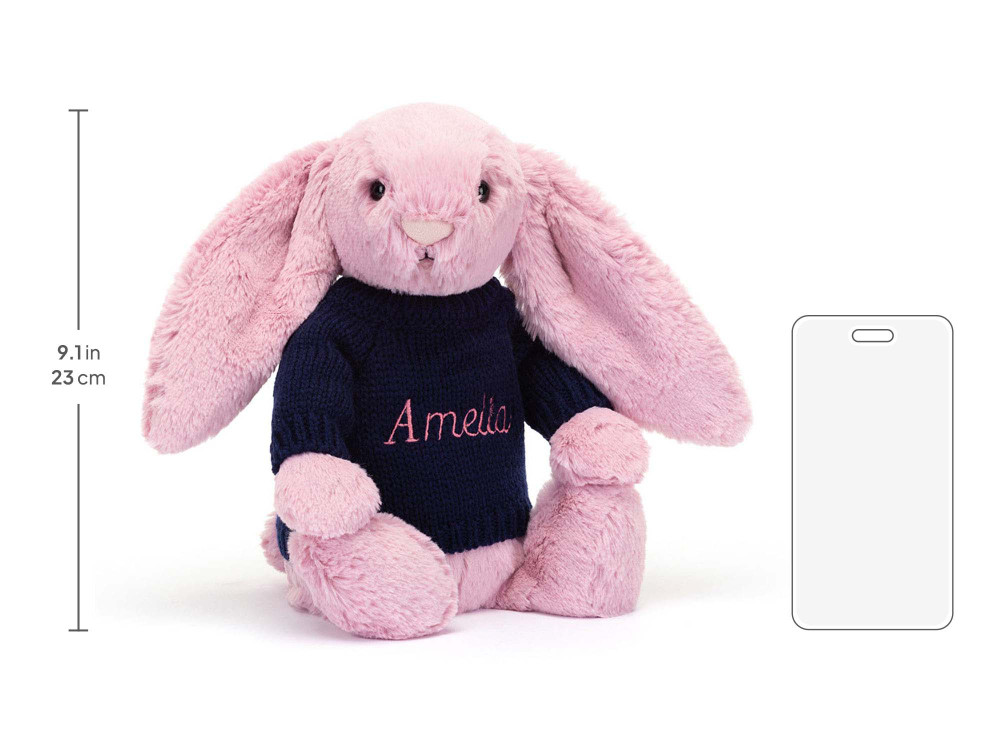 Bashful Tulip Pink Bunny with Personalized Navy Jumper, size chart