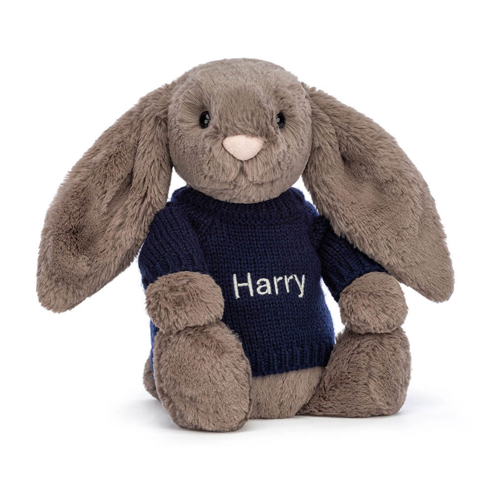 Bashful Truffle Bunny with Personalised Navy Jumper, View 4