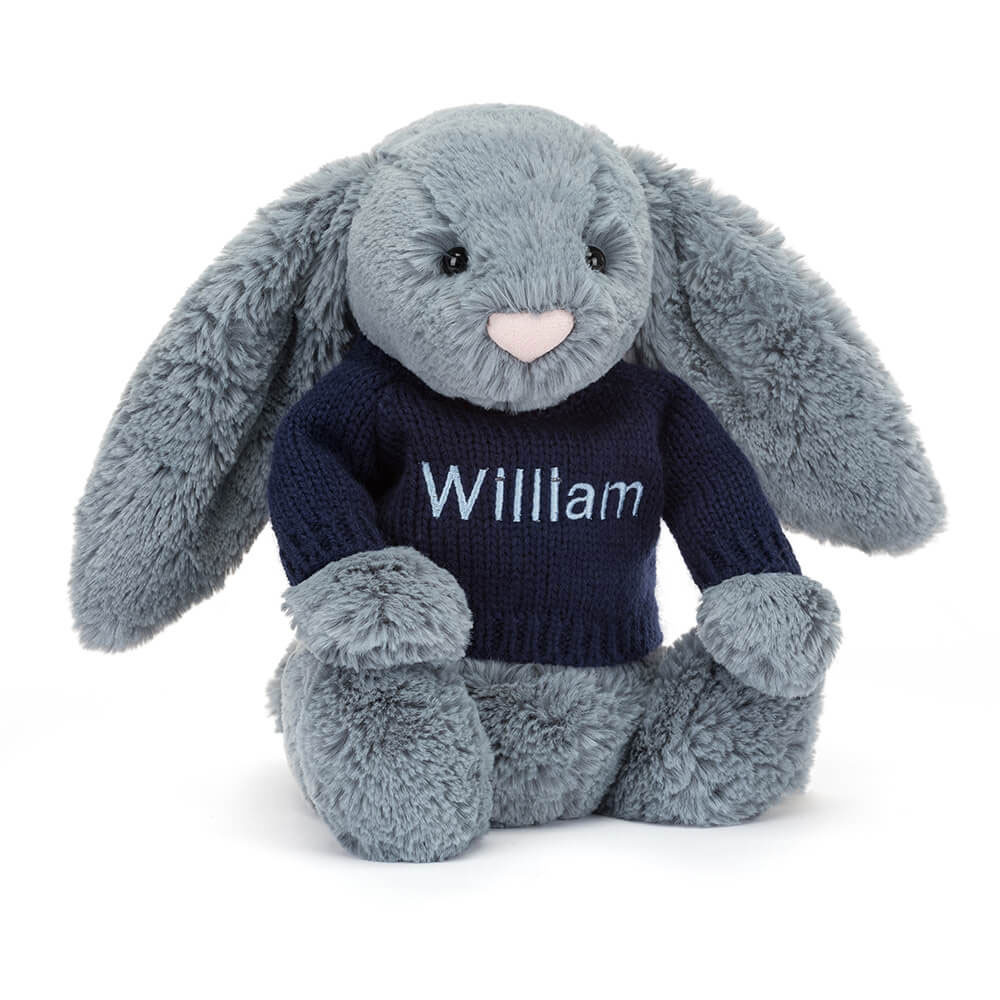 Bashful Dusky Blue Bunny with Personalised Navy Jumper - Official