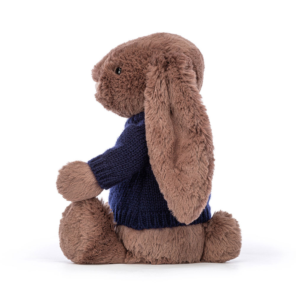 Bashful Fudge Bunny with Personalised Navy Jumper - Official Jellycat