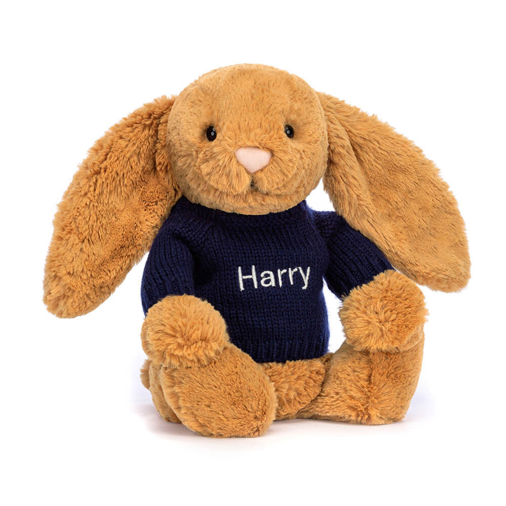Bashful Golden Bunny with Personalised Navy Jumper - Official Jellycat