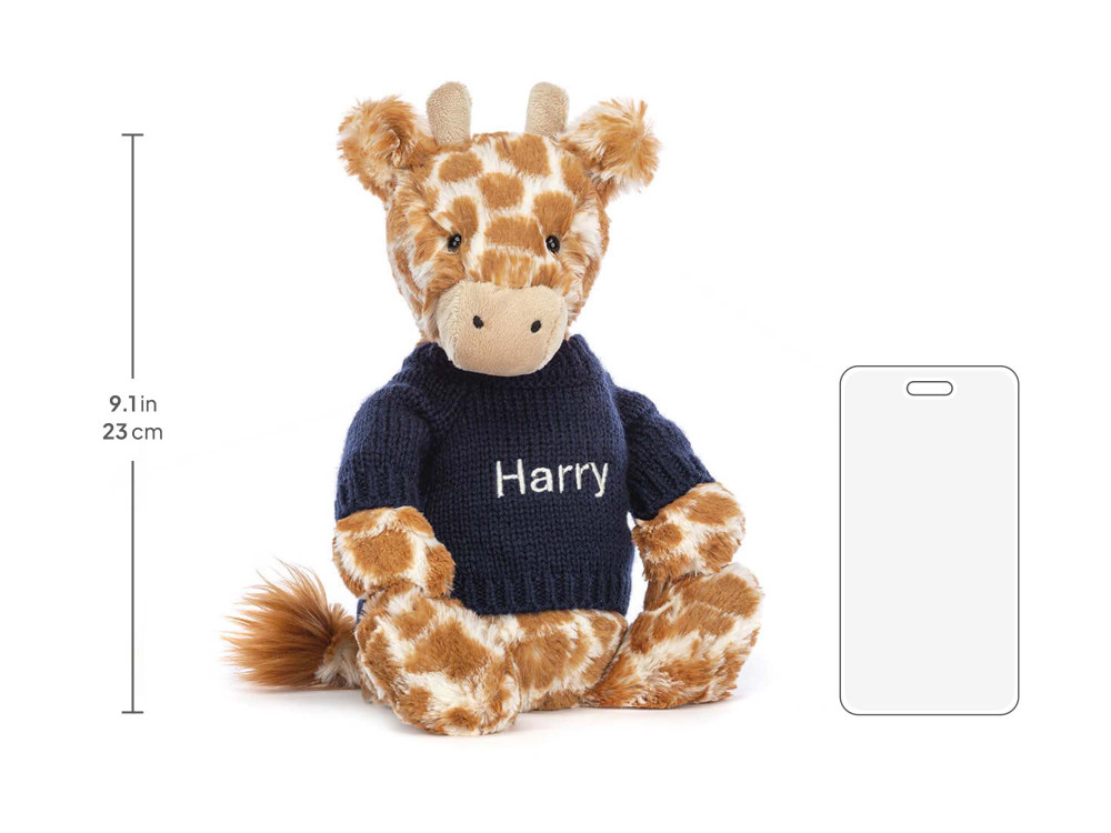 Bashful Giraffe with Personalized Navy Jumper, size chart