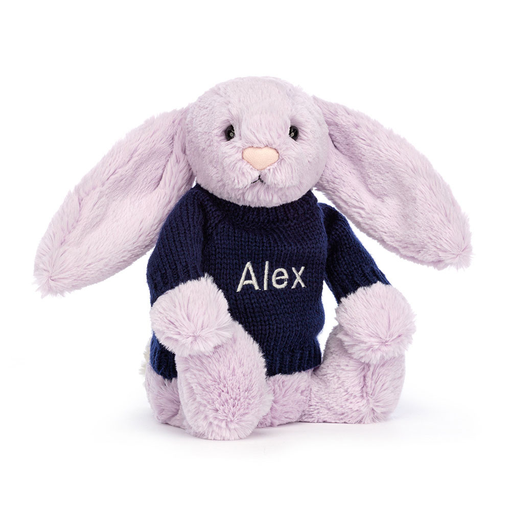 Bashful Lilac Bunny with Personalised Navy Jumper - Official Jellycat