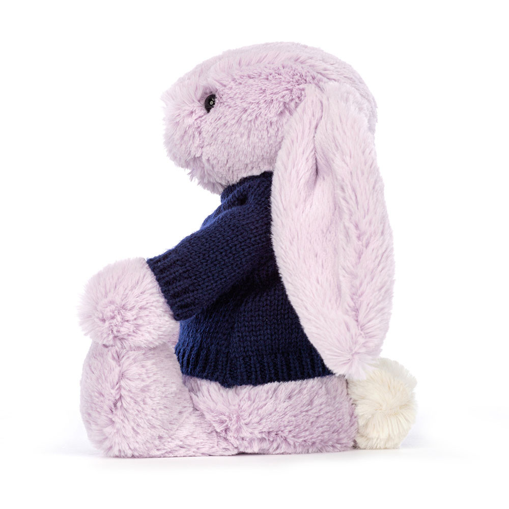 Bashful Lilac Bunny with Personalised Navy Jumper - Official Jellycat