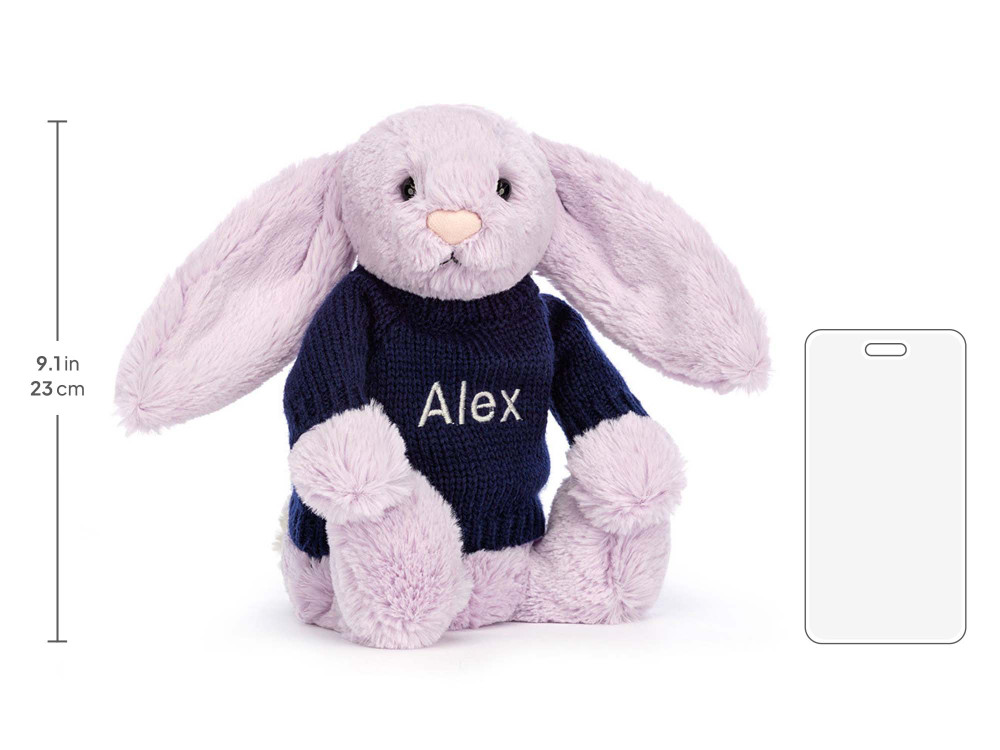 Bashful Lilac Bunny with Personalized Navy Jumper, size chart