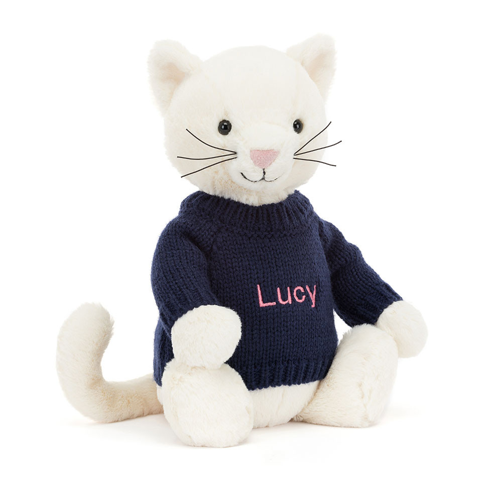 Bashful Cream Kitten with Personalised Navy Jumper, View 4