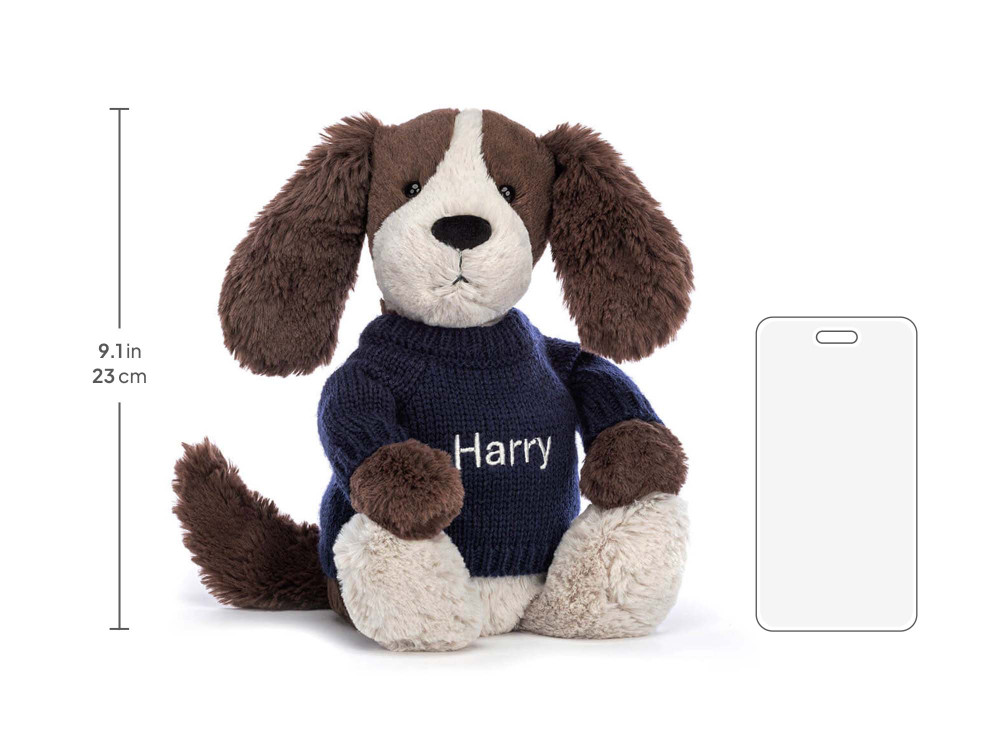 Bashful Fudge Puppy with Personalized Navy Jumper, size chart