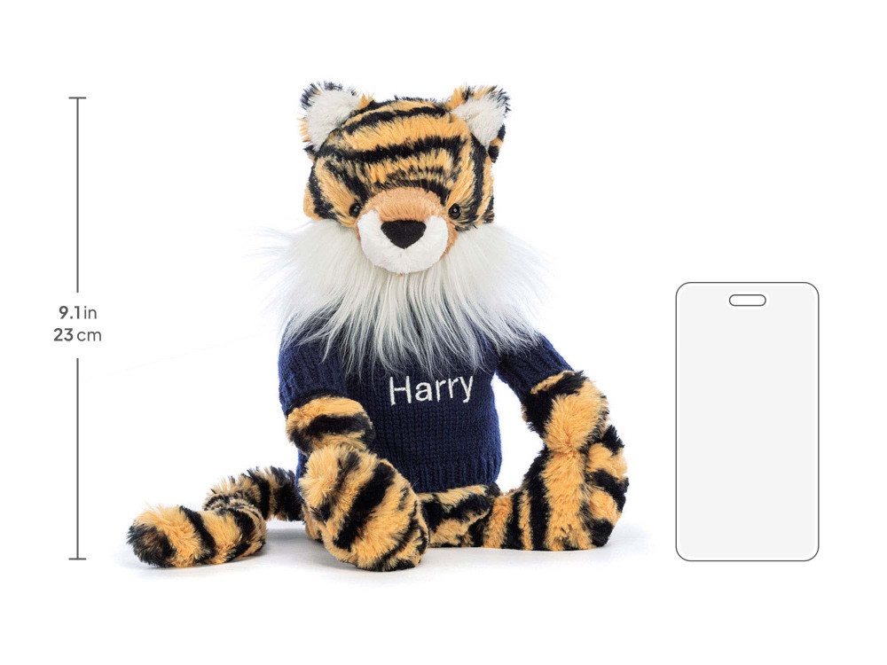 Bashful Tiger with Personalized Navy Jumper, size chart