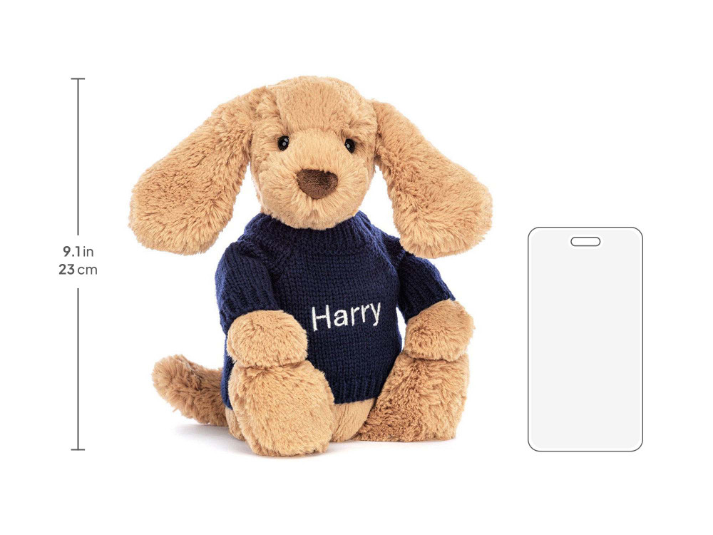 Bashful Toffee Puppy with Personalized Navy Jumper, size chart