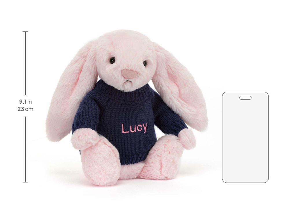 Bashful Pink Bunny with Personalized Navy Jumper, size chart