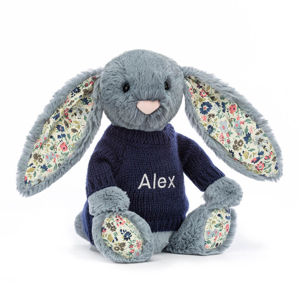Blossom Dusky Blue Bunny with Personalised Navy Jumper - Official