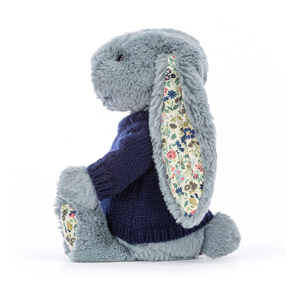 a*.様  Bashful Blossom Dusky Blue Blossom Dusky Blue Bunny with Personalised Navy Jumper - Official