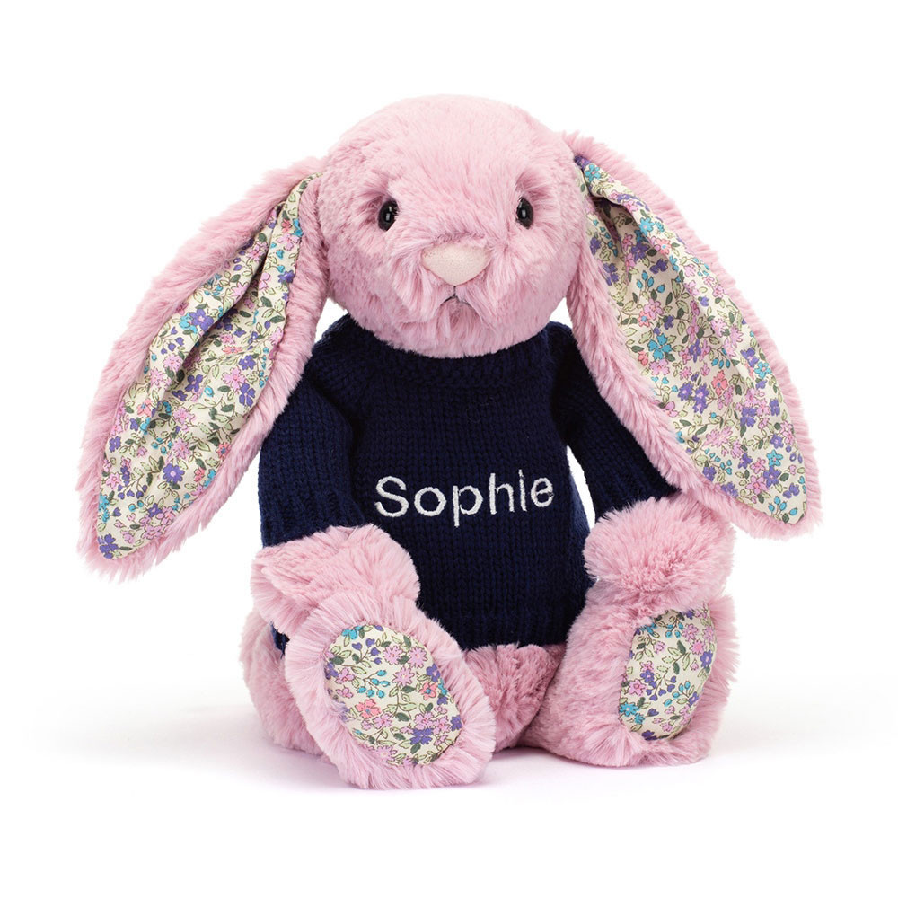 Blossom Tulip Bunny with Personalised Navy Jumper - Official Jellycat