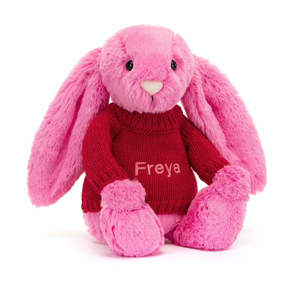 Bashful Hot Pink Bunny with Personalised Red Jumper, View 4