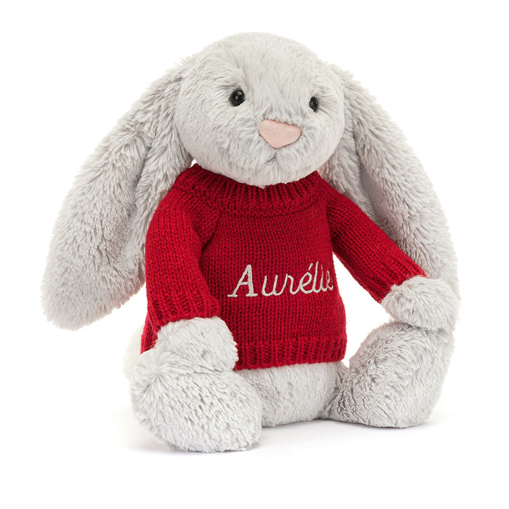 Bashful Silver Bunny with Personalised Red Jumper, View 4