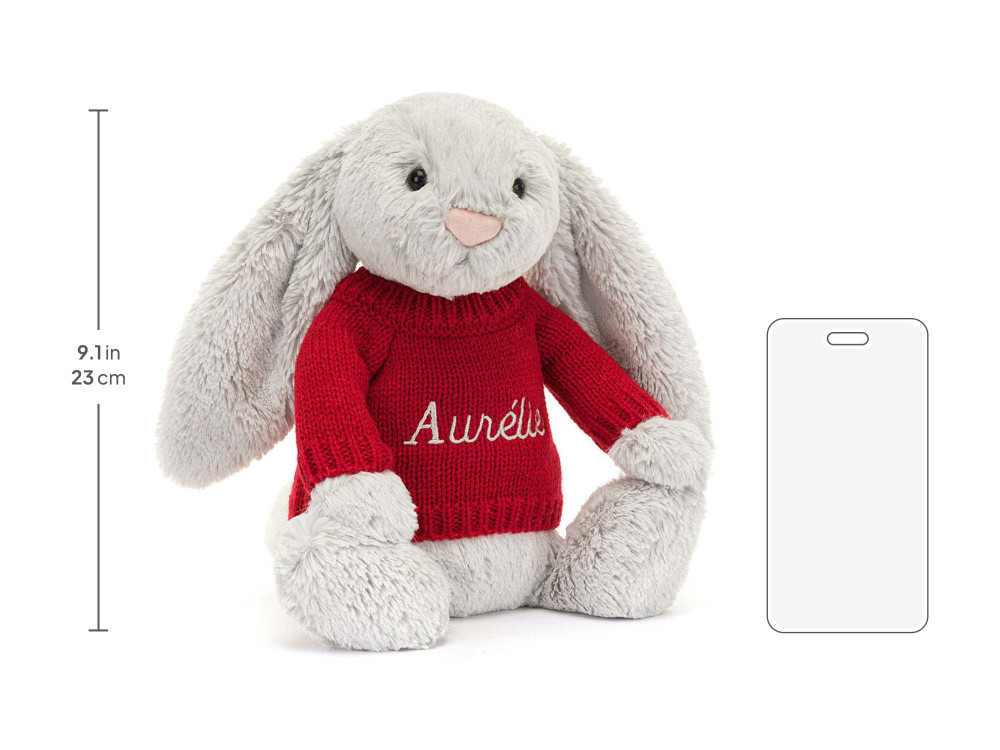Bashful Silver Bunny with Personalized Red Jumper, size chart