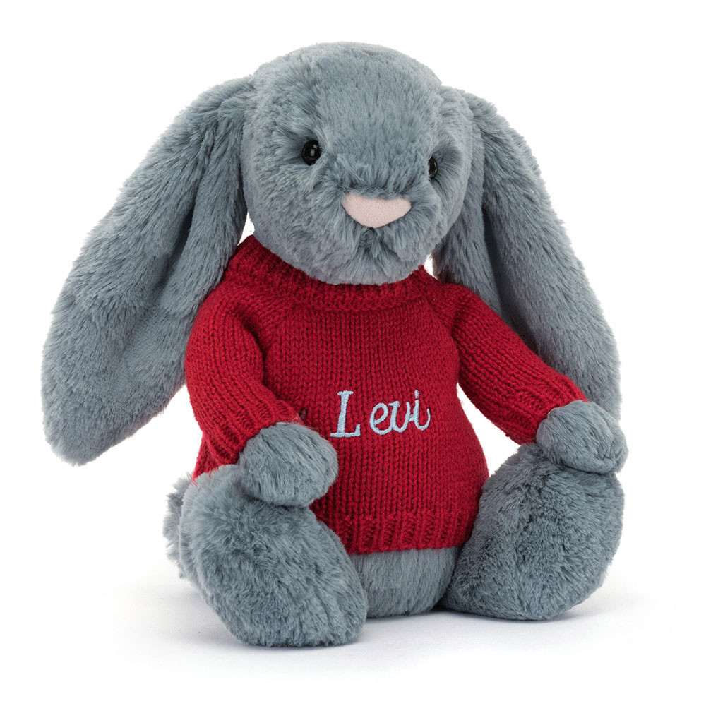 Bashful Dusky Blue Bunny with Personalised Red Jumper - Official