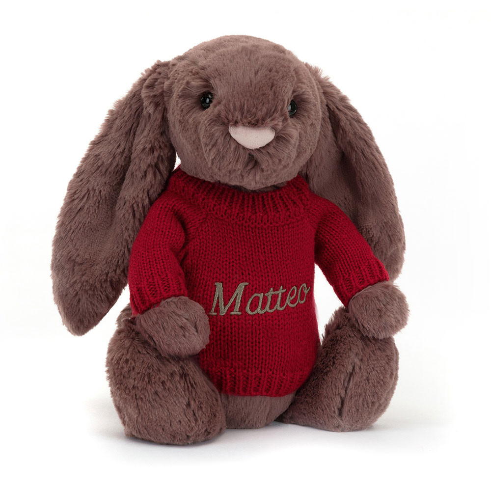Bashful Fudge Bunny with Personalised Red Jumper - Official Jellycat