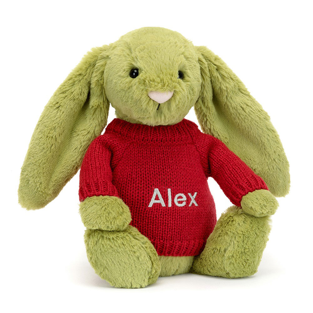 Bashful Moss Bunny with Personalised Red Jumper , View 4