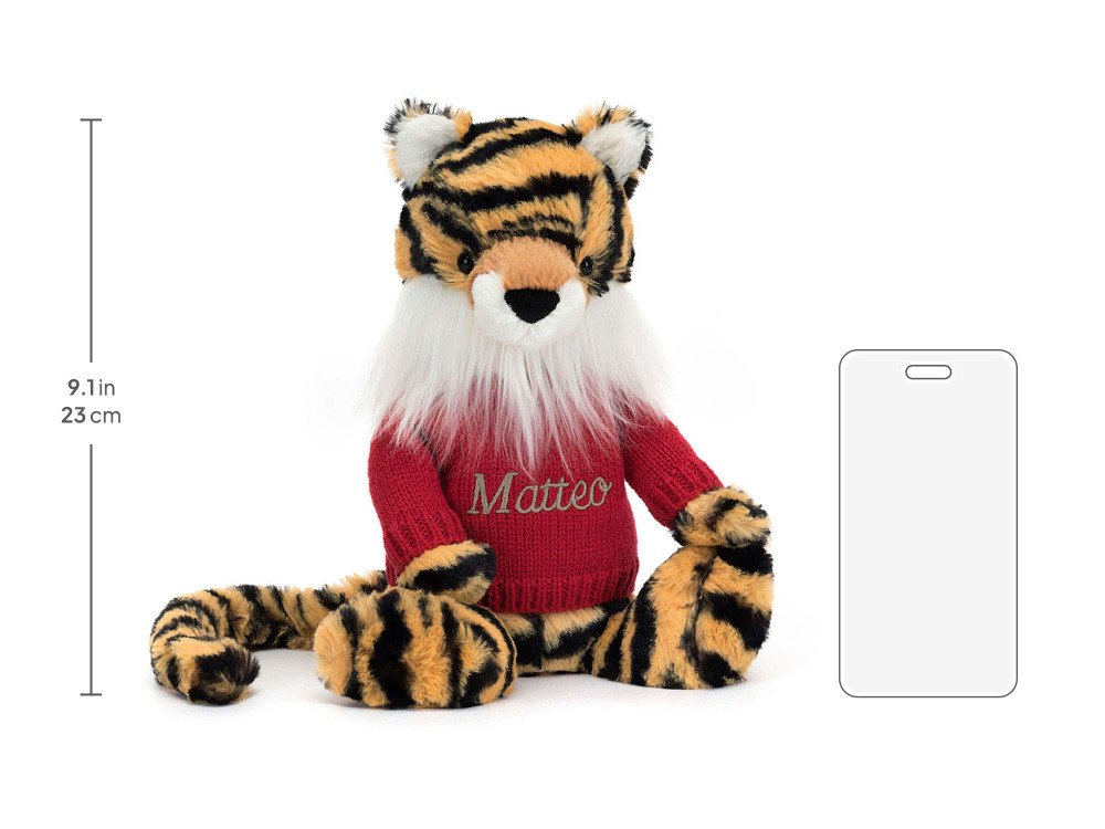 Bashful Tiger with Personalized Red Jumper, size chart