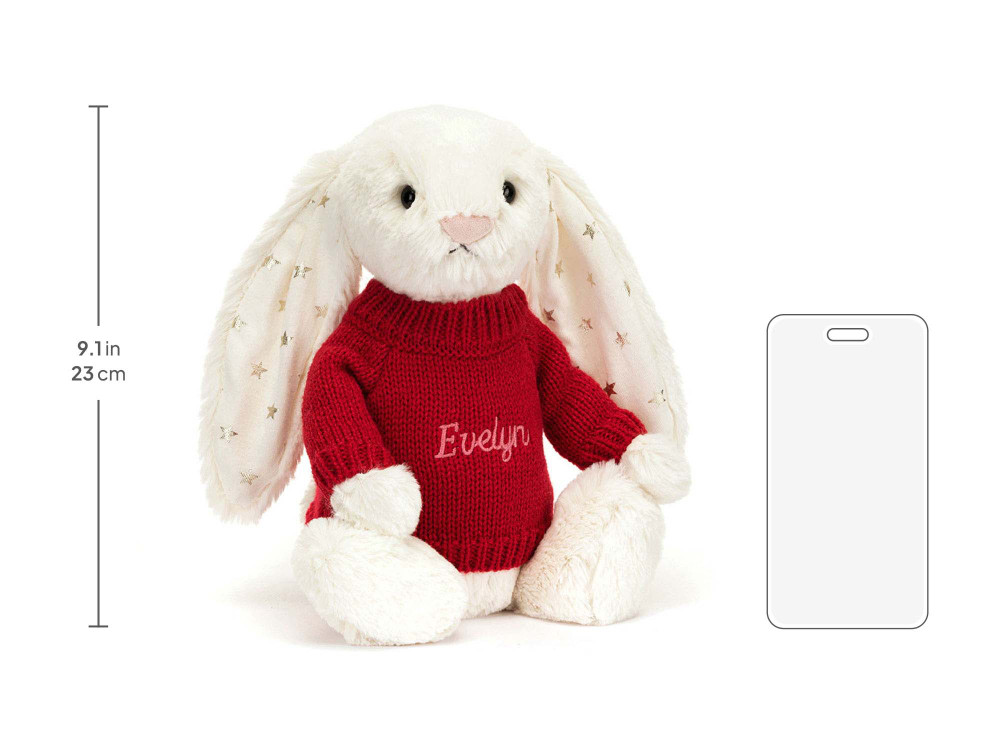 Bashful Twinkle Bunny with Personalized Red Jumper, size chart