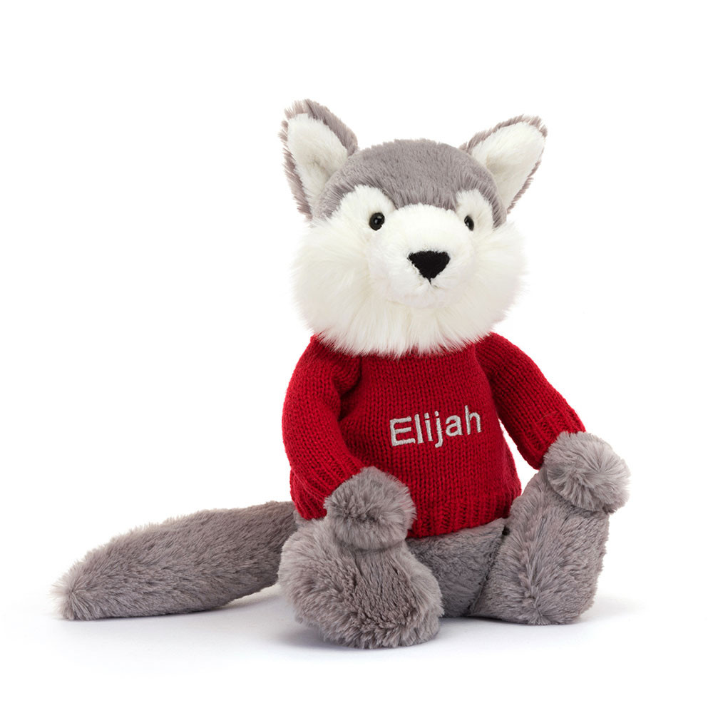 Bashful Wolf with Personalised Red Jumper, View 4