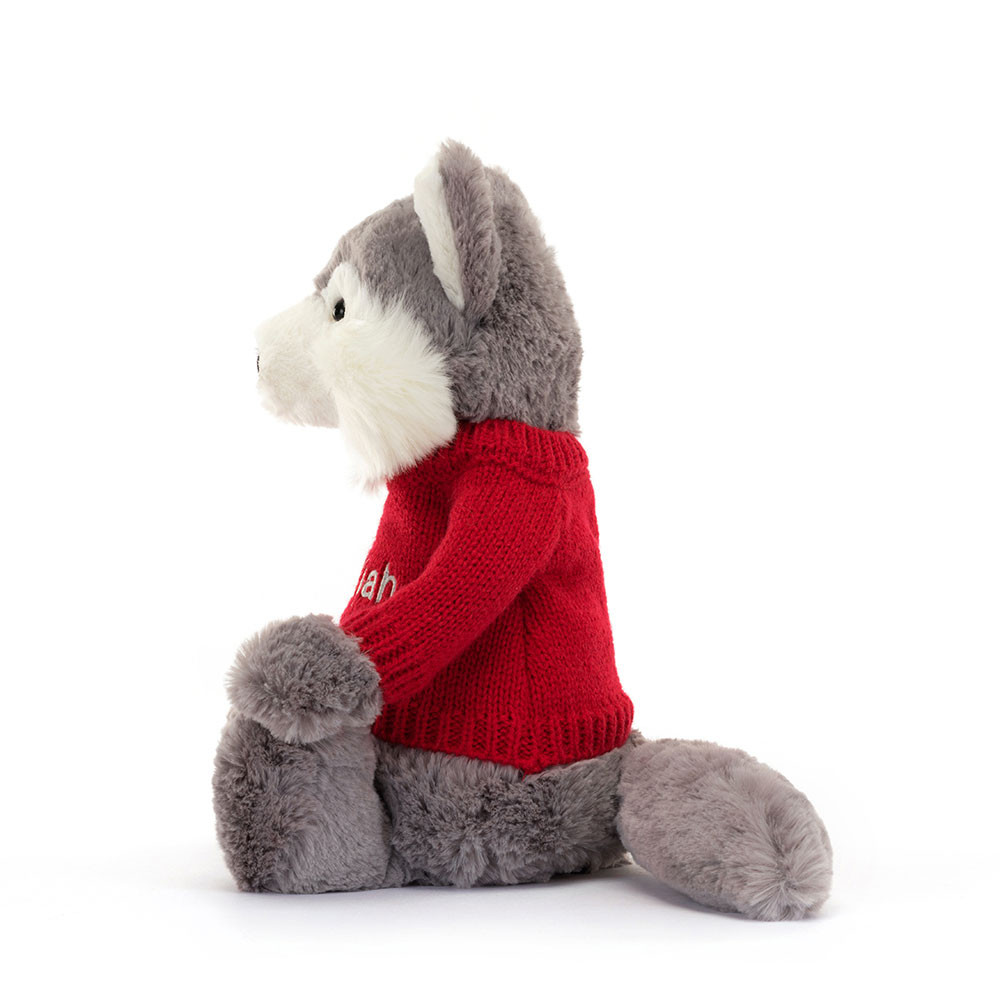 Bashful Wolf with Personalised Red Jumper, View 2