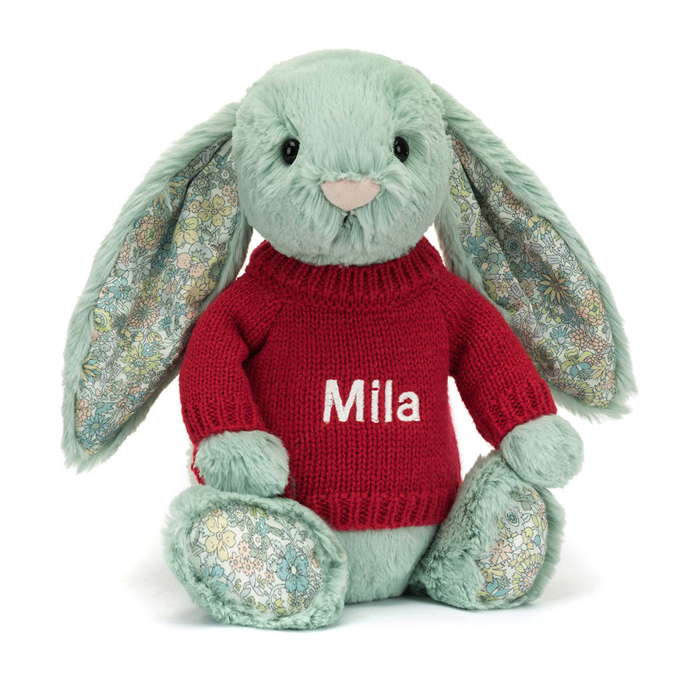 Blossom Sage Bunny with Personalised Red Jumper - Official Jellycat